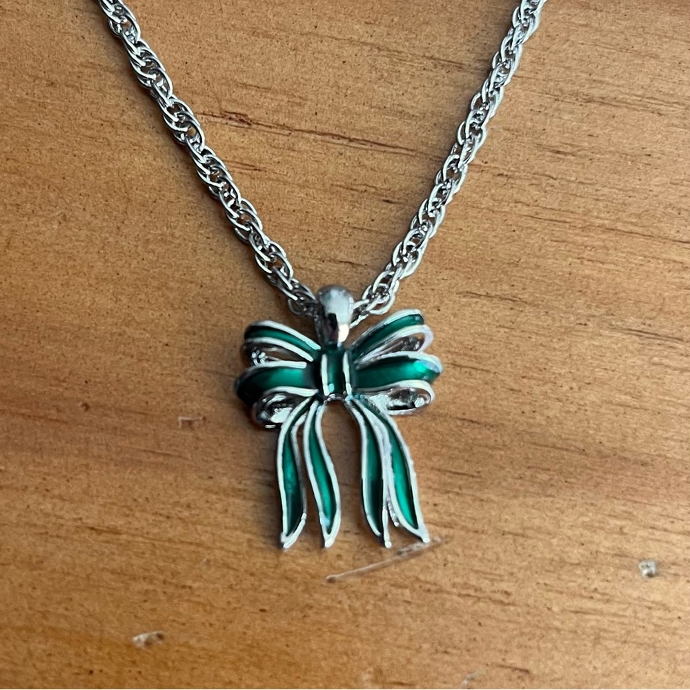 BOGO Silver Tone and Green Enamel Bow Holiday Charter Club Necklace